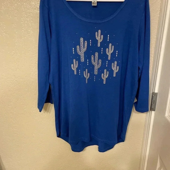 Womens Size Med Blue Bling Cactus Long Sleeve T Western/Coastal Cowgirl - Picture 1 of 4